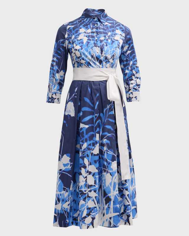 Elenat Pleated Botanical-Print Midi Shirtdress